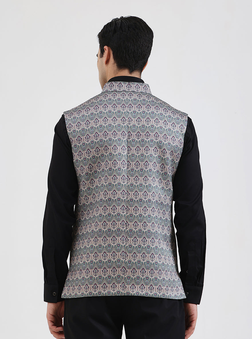 Green Printed Regular Fit Waistcoat | JB Studio