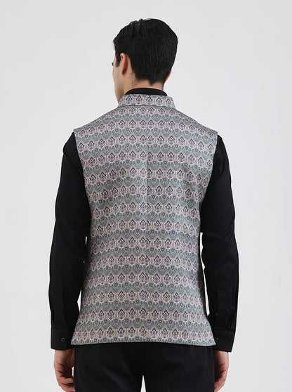 Green Printed Regular Fit Waistcoat | JB Studio
