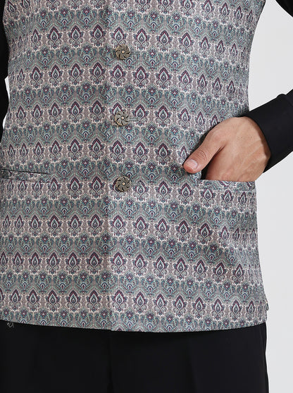 Green Printed Regular Fit Waistcoat | JB Studio