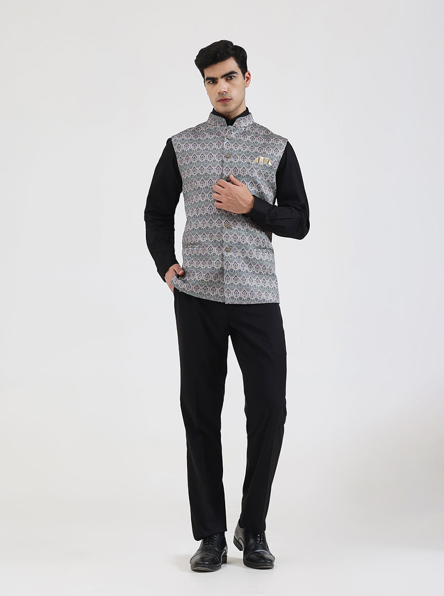 Green Printed Regular Fit Waistcoat | JB Studio