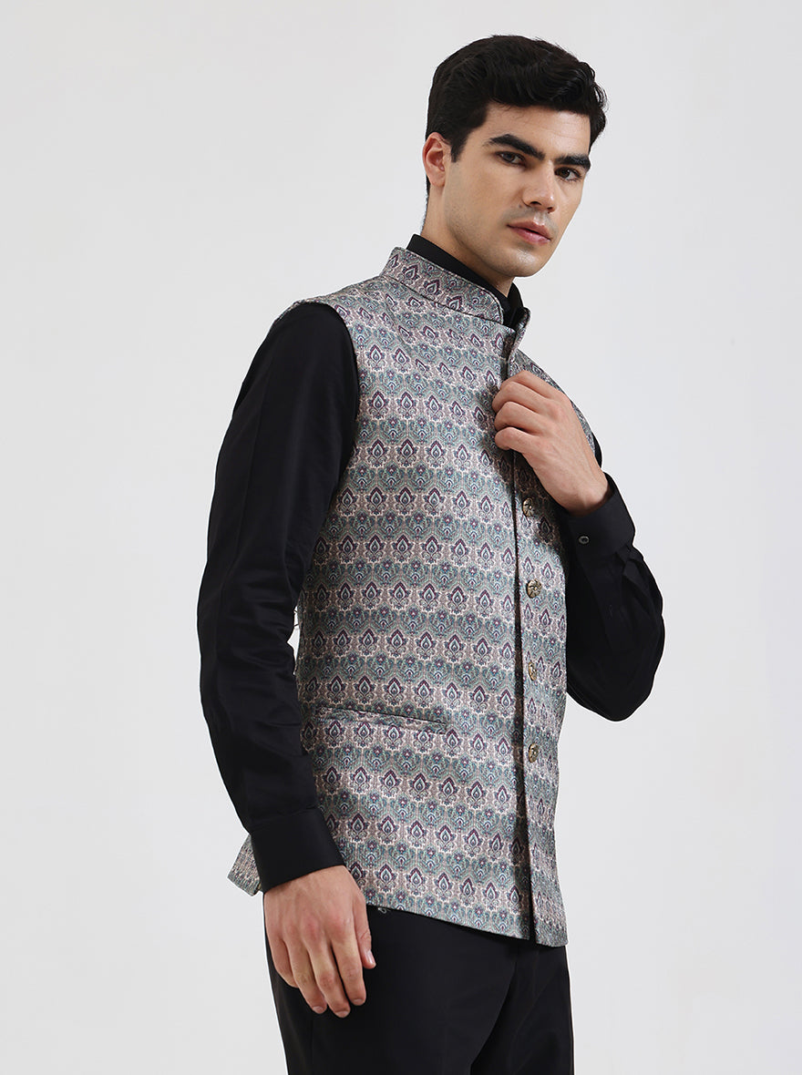 Green Printed Regular Fit Waistcoat | JB Studio