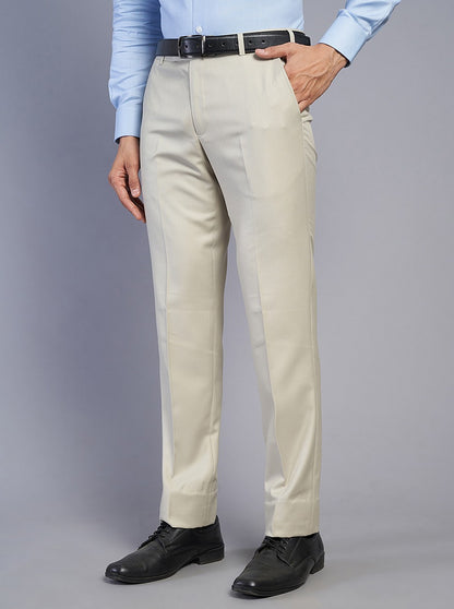 Beige Solid Slim Fit Formal Trouser | Metal