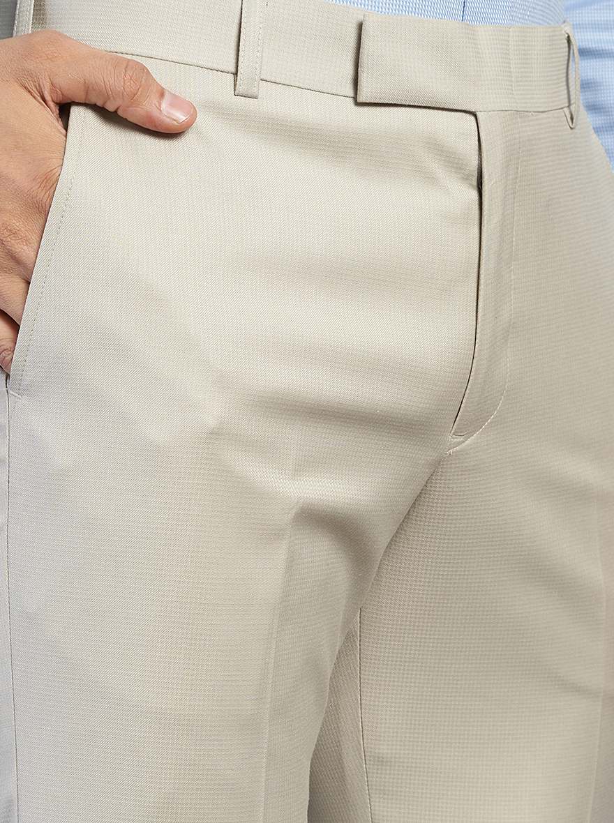Beige Solid Slim Fit Formal Trouser | Metal