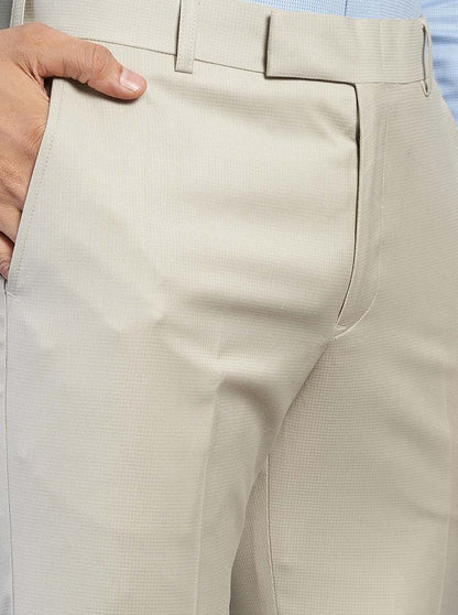 Beige Solid Slim Fit Formal Trouser | Metal