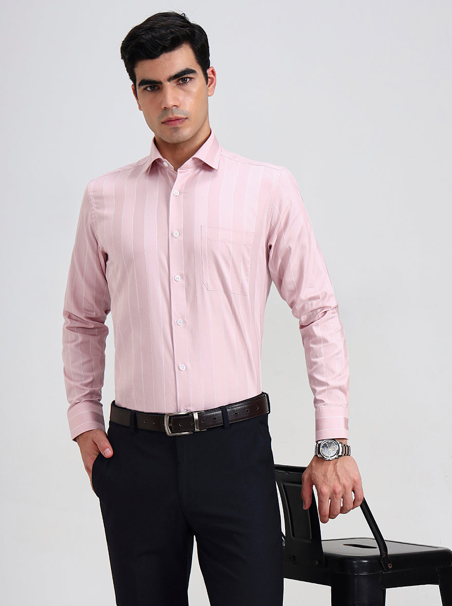 Light Pink Striped Slim Fit Formal Shirt | Metal