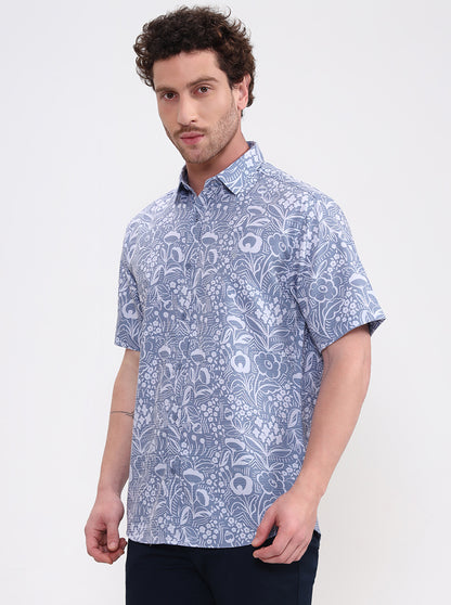 Blue Printed Regular Fit Casual Shirt | Greenfibre
