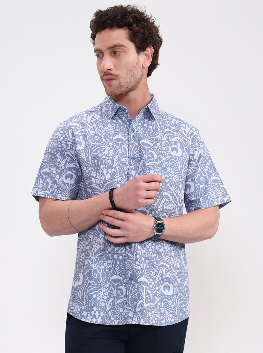 Blue Printed Regular Fit Casual Shirt | Greenfibre