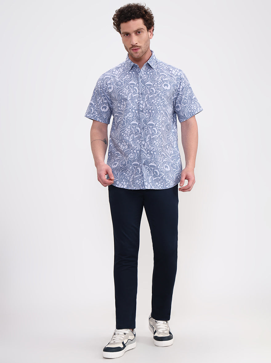 Blue Printed Regular Fit Casual Shirt | Greenfibre