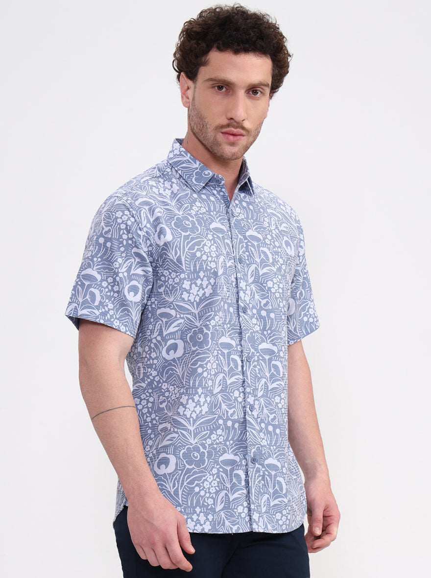 Blue Printed Regular Fit Casual Shirt | Greenfibre