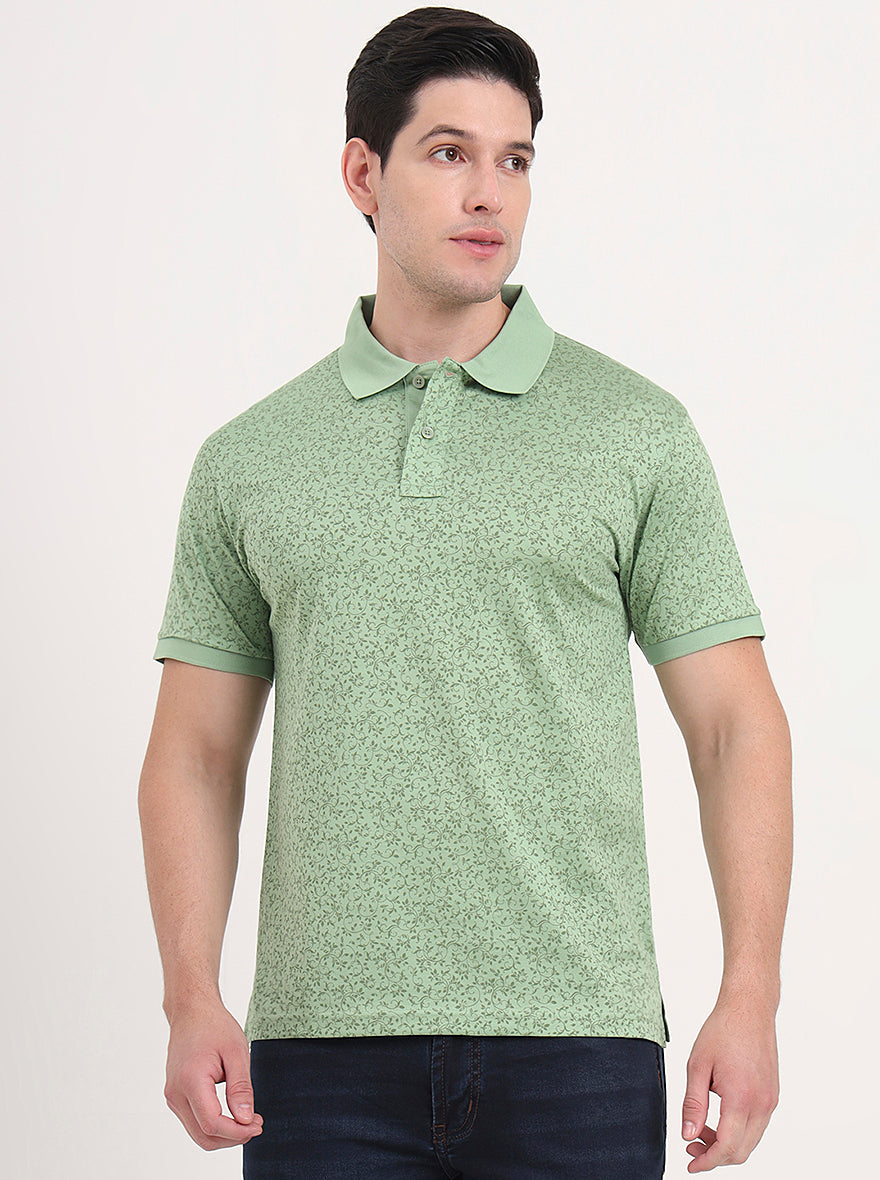 Green Printed Regular Fit Polo T-Shirt | JadeBlue
