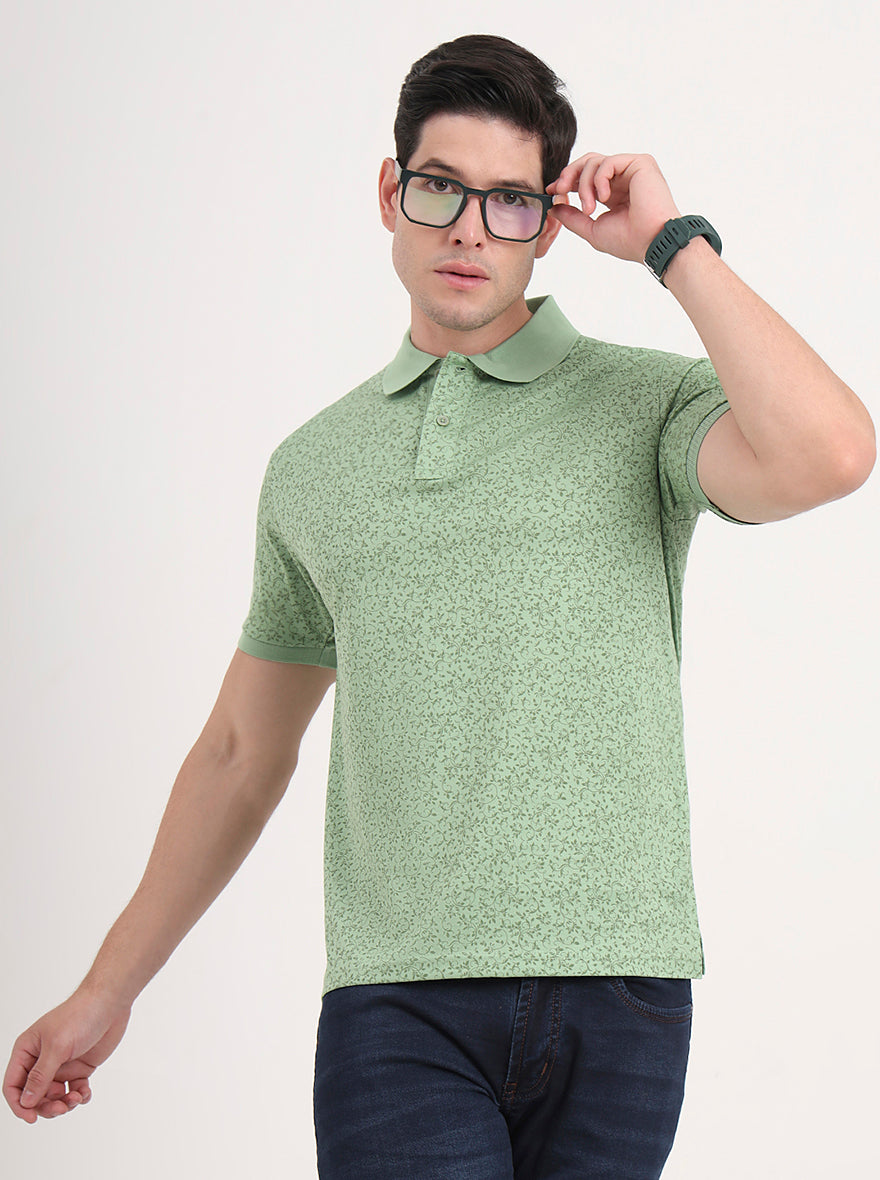 Green Printed Regular Fit Polo T-Shirt | JadeBlue
