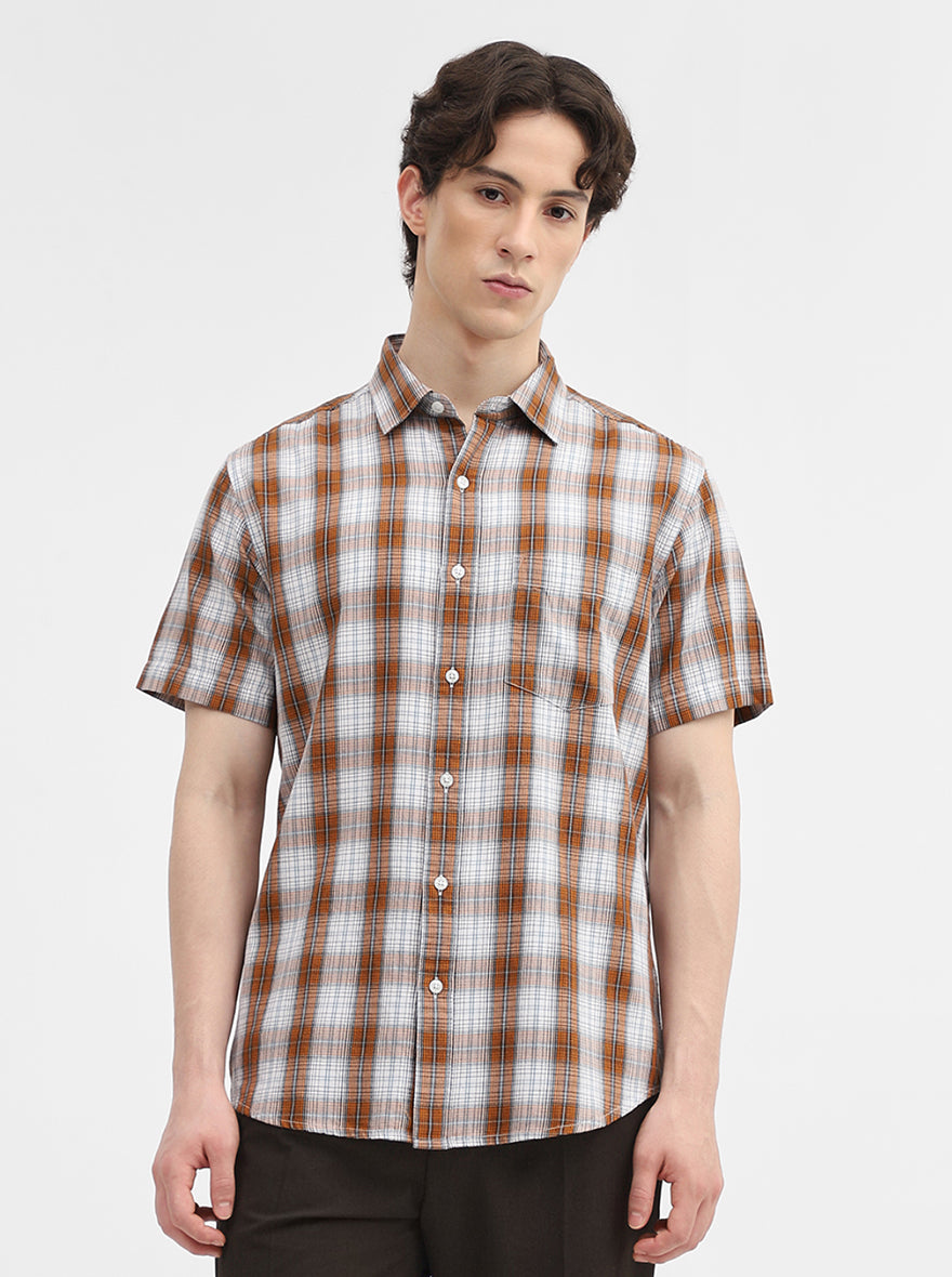Brown & White Checked Slim Fit Casual Shirt | Greenfibre