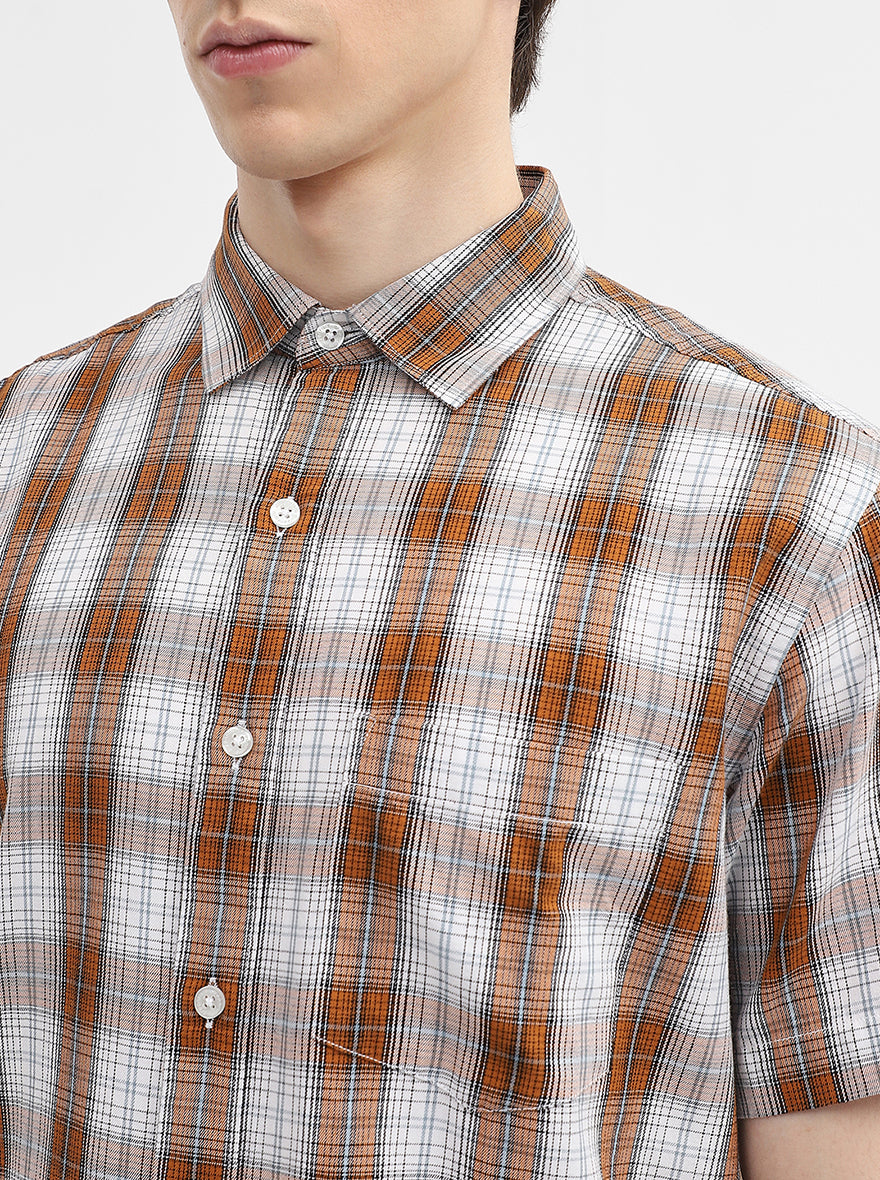 Brown & White Checked Slim Fit Casual Shirt | Greenfibre