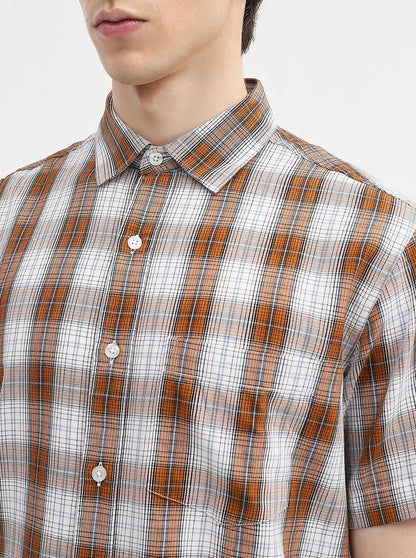 Brown & White Checked Slim Fit Casual Shirt | Greenfibre