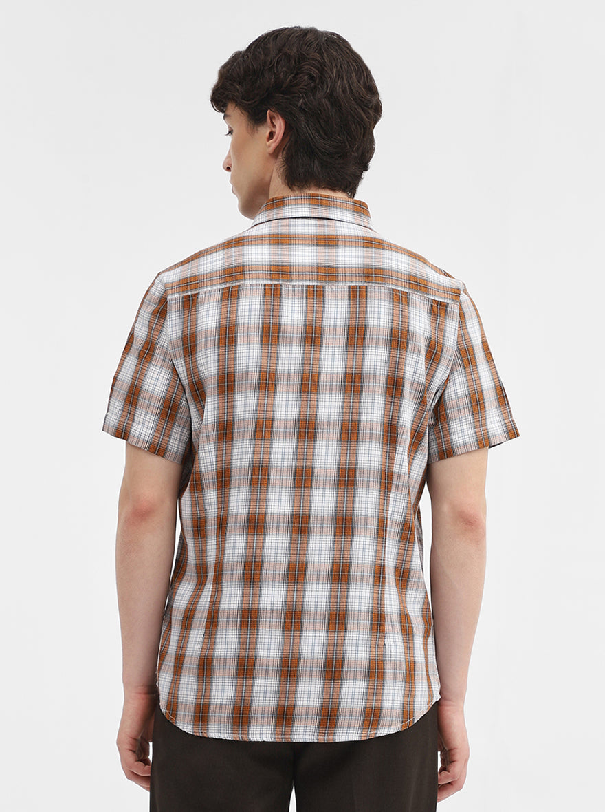 Brown & White Checked Slim Fit Casual Shirt | Greenfibre