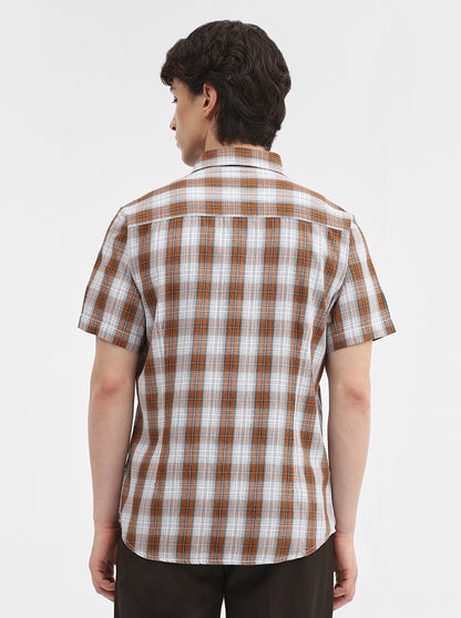 Brown & White Checked Slim Fit Casual Shirt | Greenfibre