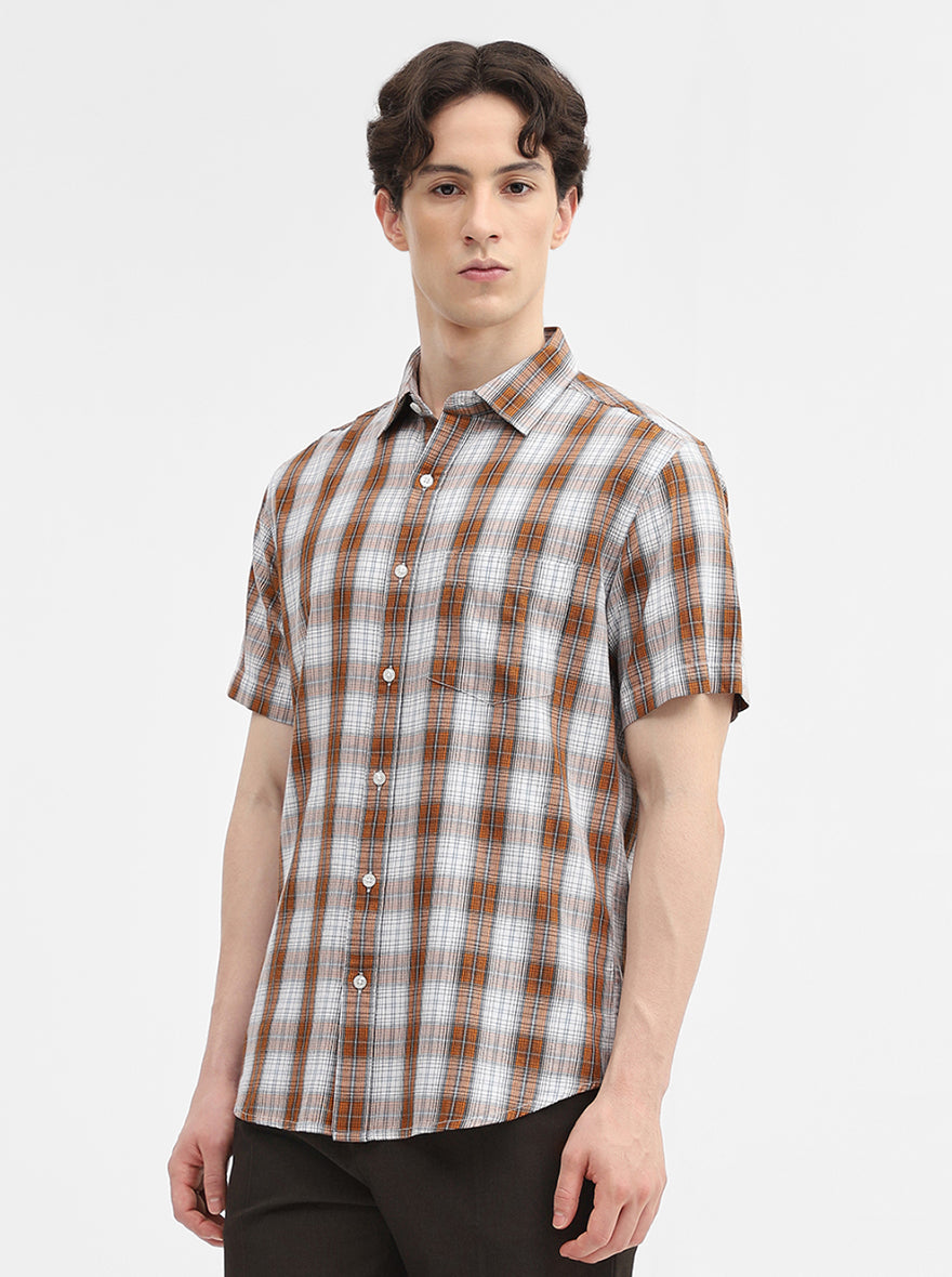 Brown & White Checked Slim Fit Casual Shirt | Greenfibre