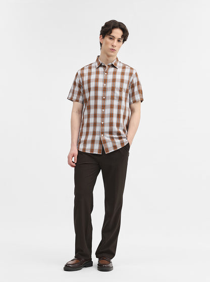 Brown & White Checked Slim Fit Casual Shirt | Greenfibre