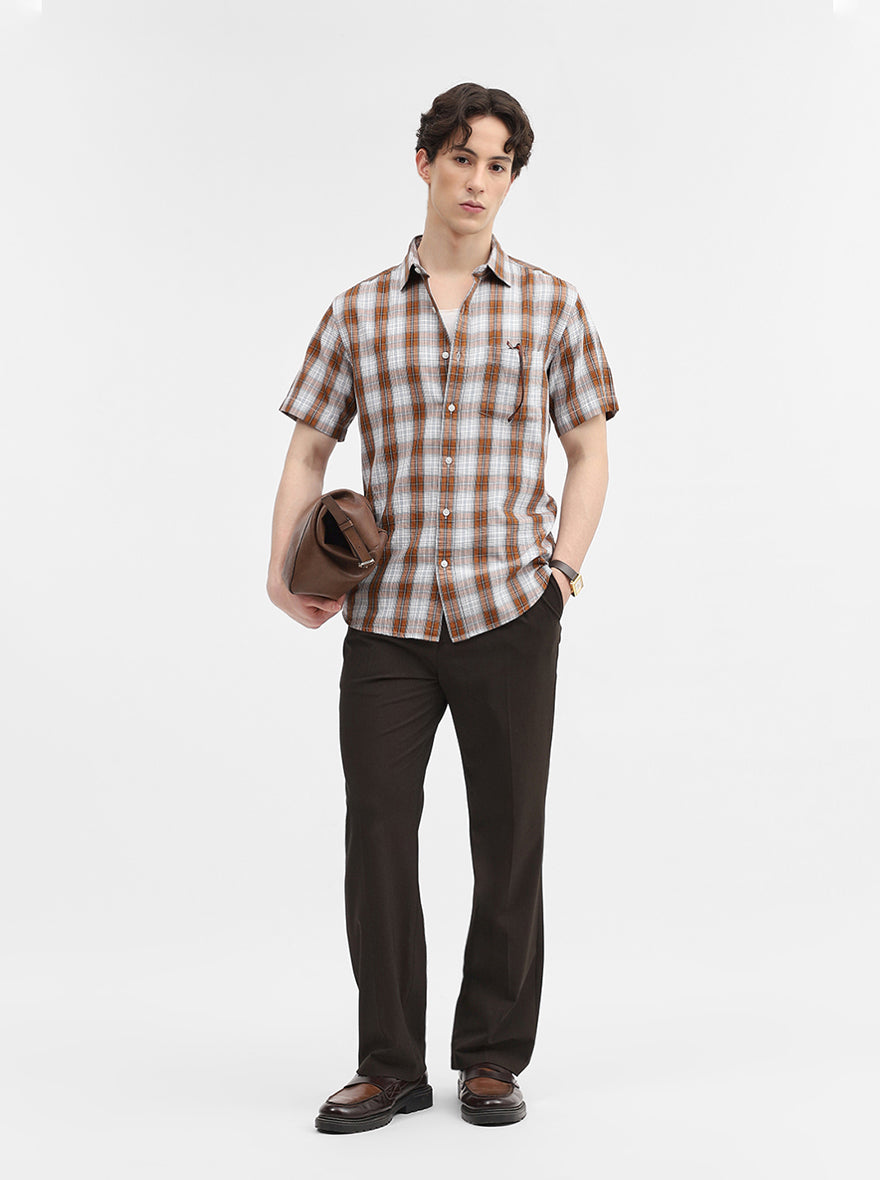 Brown & White Checked Slim Fit Casual Shirt | Greenfibre