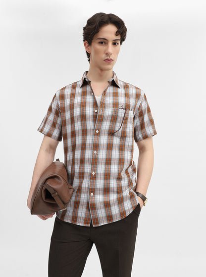 Brown & White Checked Slim Fit Casual Shirt | Greenfibre