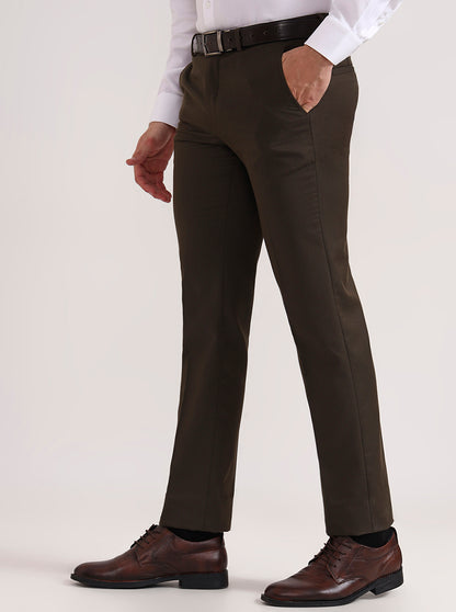 Olive Brown Solid Slim Fit Formal Trouser | Greenfibre