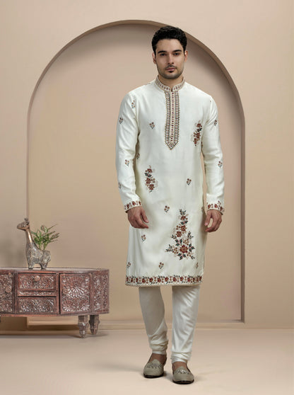 Cream Embroidered Kurta Pajama | Virasana