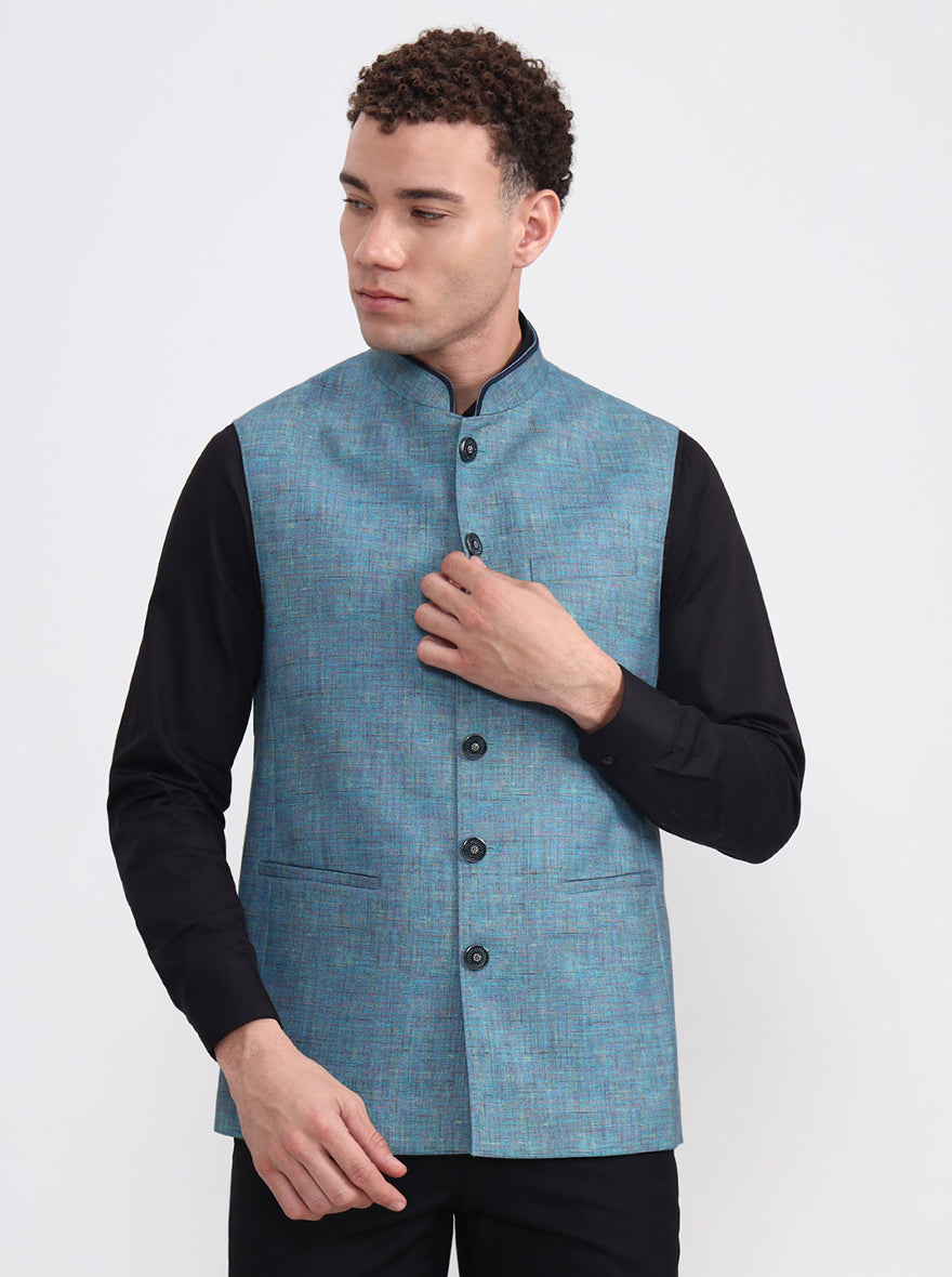 Blue Solid Regular Fit Modi Jacket | JadeBlue