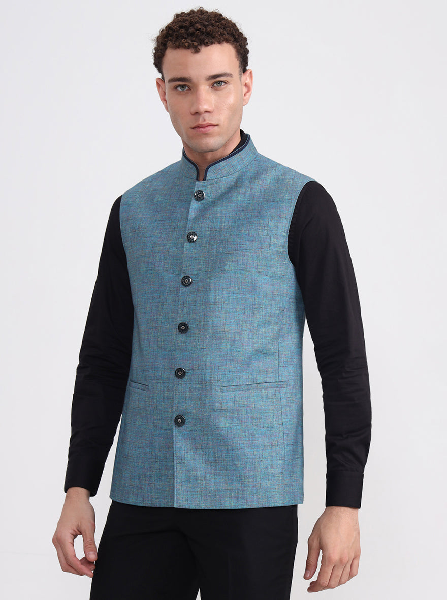 Blue Solid Regular Fit Modi Jacket | JadeBlue