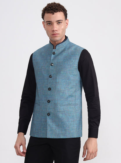 Blue Solid Regular Fit Modi Jacket | JadeBlue