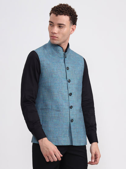 Blue Solid Regular Fit Modi Jacket | JadeBlue