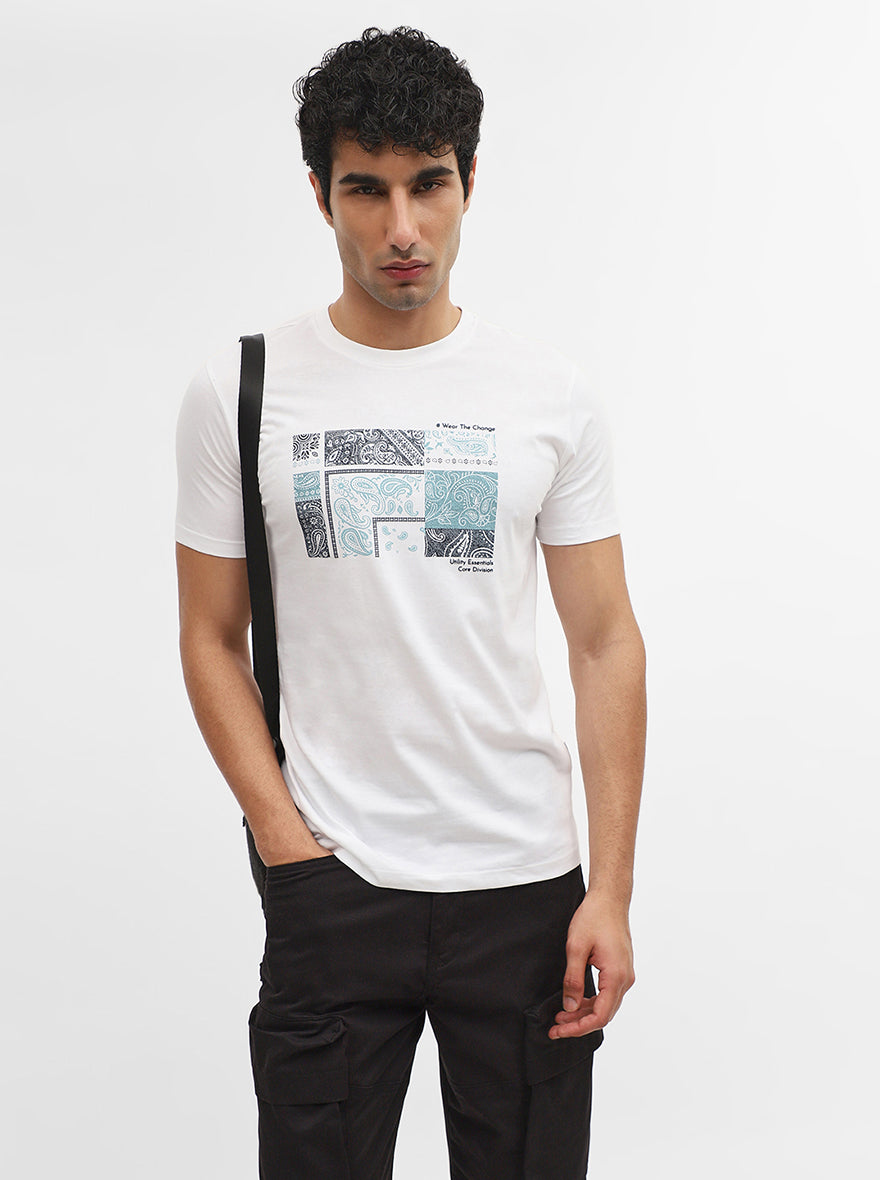 White Printed Slim Fit T-Shirt | Greenfibre