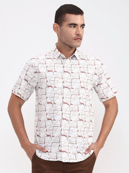 Beige Printed Slim Fit Casual Shirt | Greenfibre