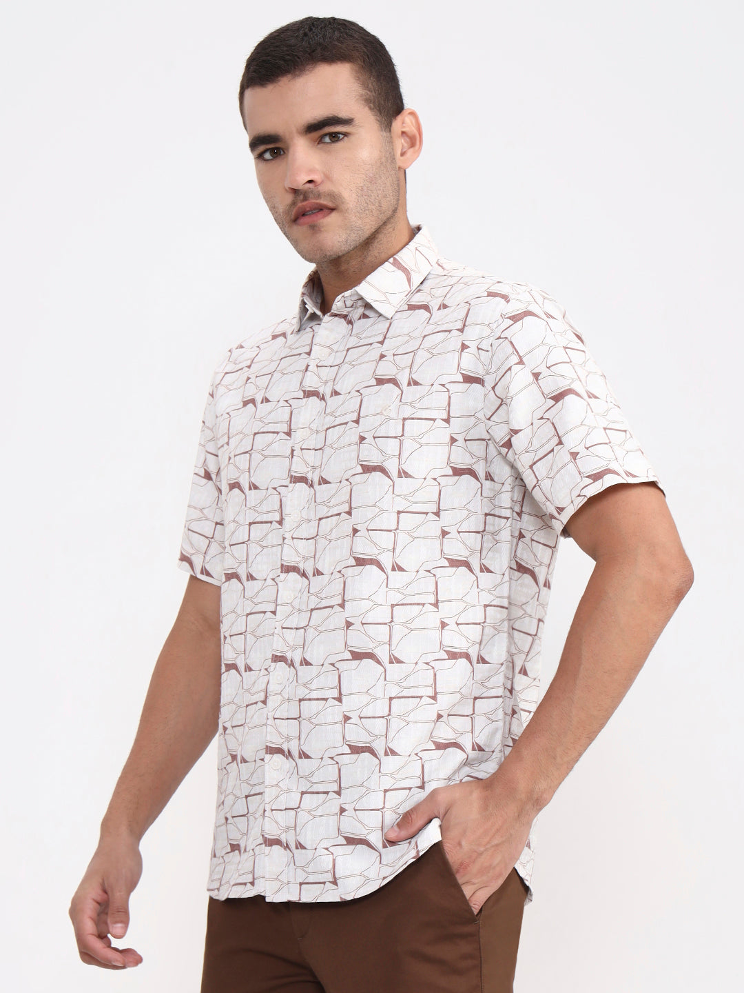 Beige Printed Slim Fit Casual Shirt | Greenfibre