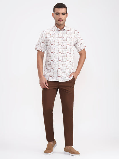 Beige Printed Slim Fit Casual Shirt | Greenfibre