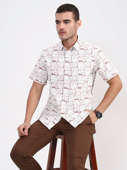 Beige Printed Slim Fit Casual Shirt | Greenfibre
