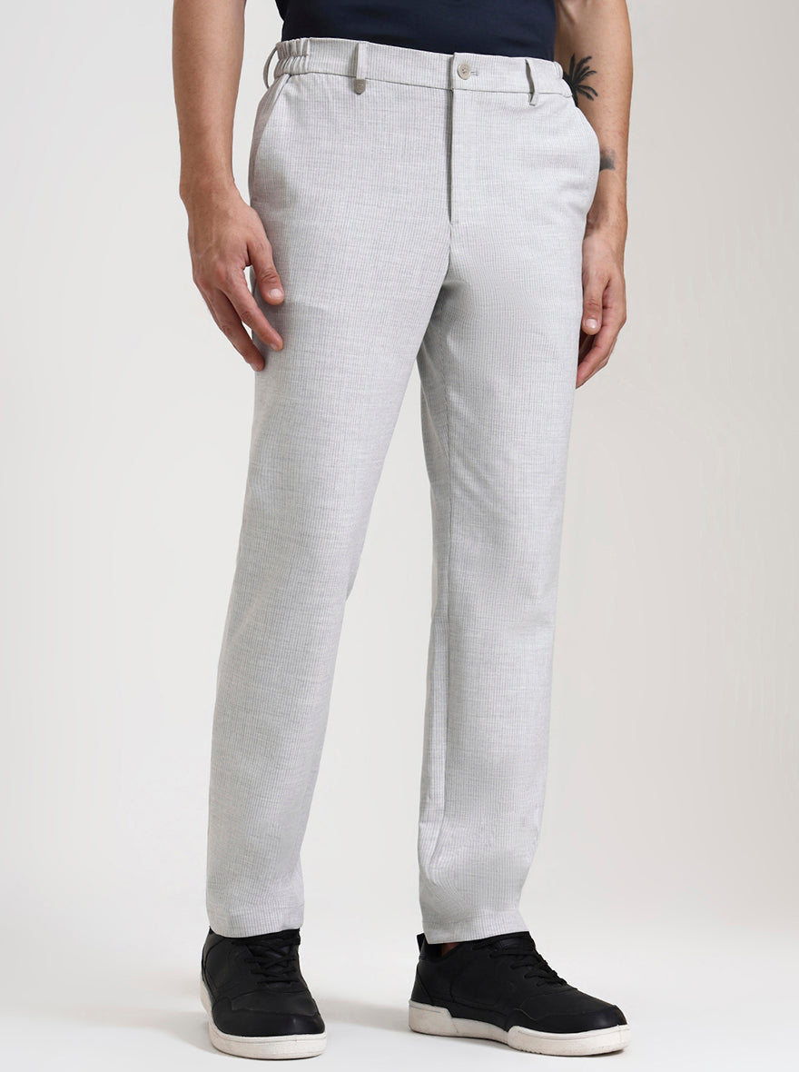 Light Grey Striped Slim Fit Casual Trouser | JadeBlue