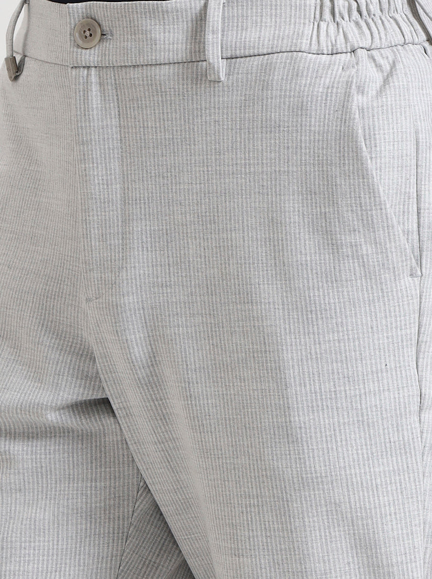 Light Grey Striped Slim Fit Casual Trouser | JadeBlue