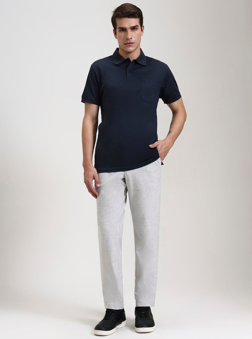 Light Grey Striped Slim Fit Casual Trouser | JadeBlue