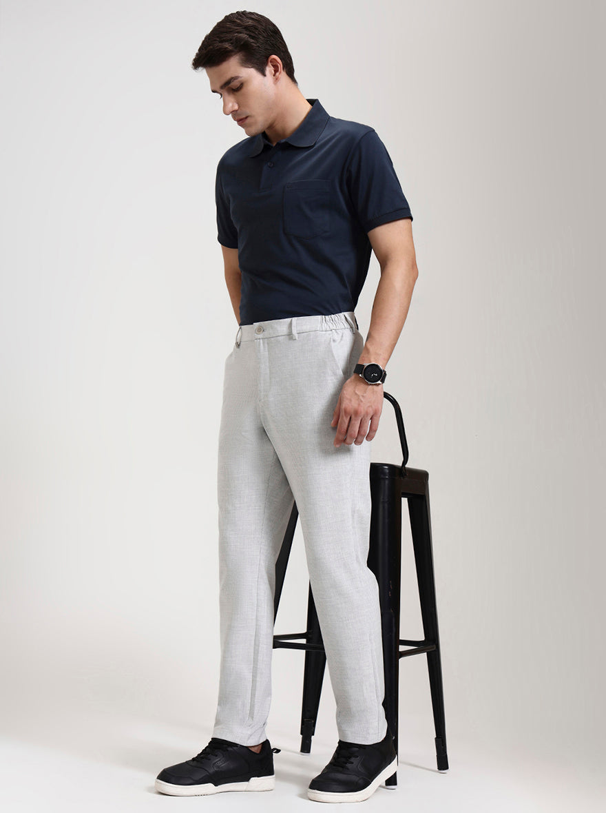 Light Grey Striped Slim Fit Casual Trouser | JadeBlue