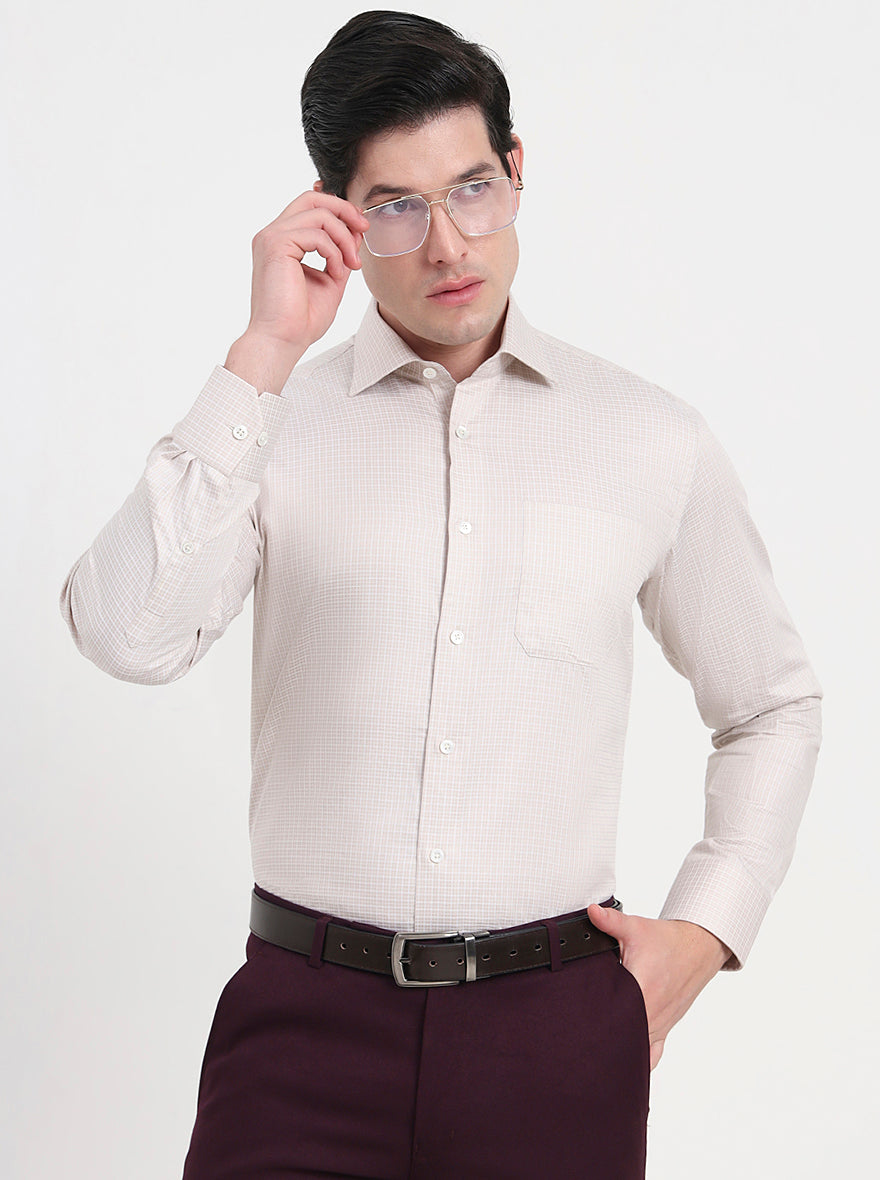 Beige Checked Slim Fit Formal Shirt | JadeBlue Super Luxe