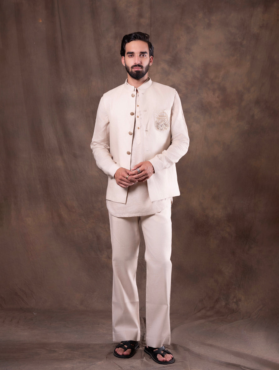 Beige Embroidered  Kurta Pajama with Koti | TULA