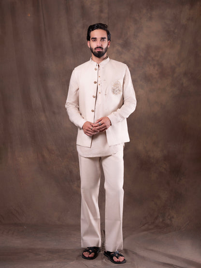 Beige Embroidered  Kurta Pajama with Koti | TULA