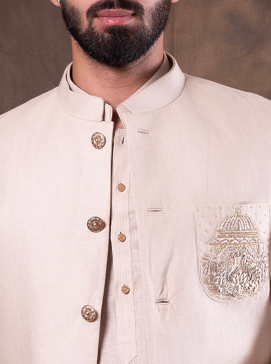 Beige Embroidered  Kurta Pajama with Koti | TULA