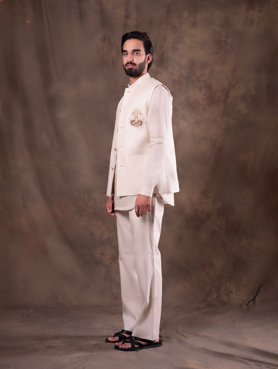 Beige Embroidered  Kurta Pajama with Koti | TULA