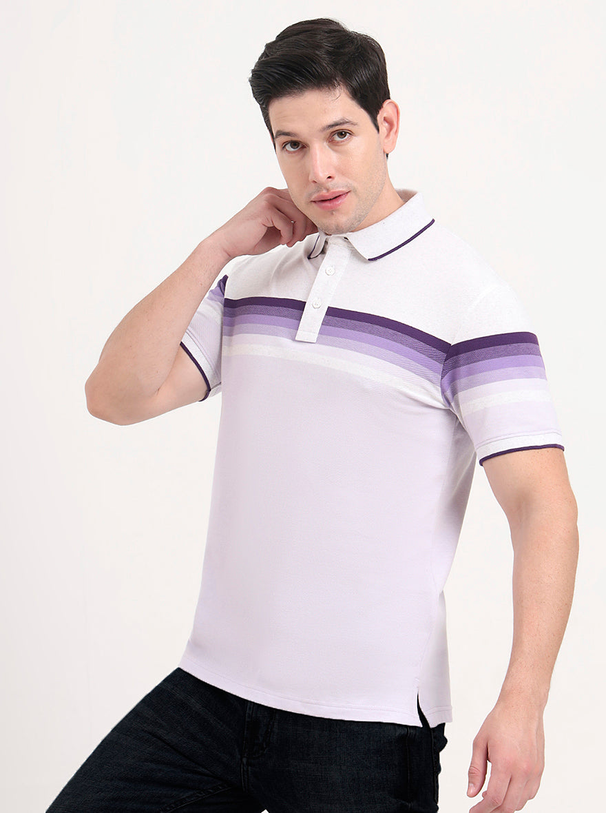 Peach & Purple Striped Slim Fit Polo T-Shirt | JadeBlue