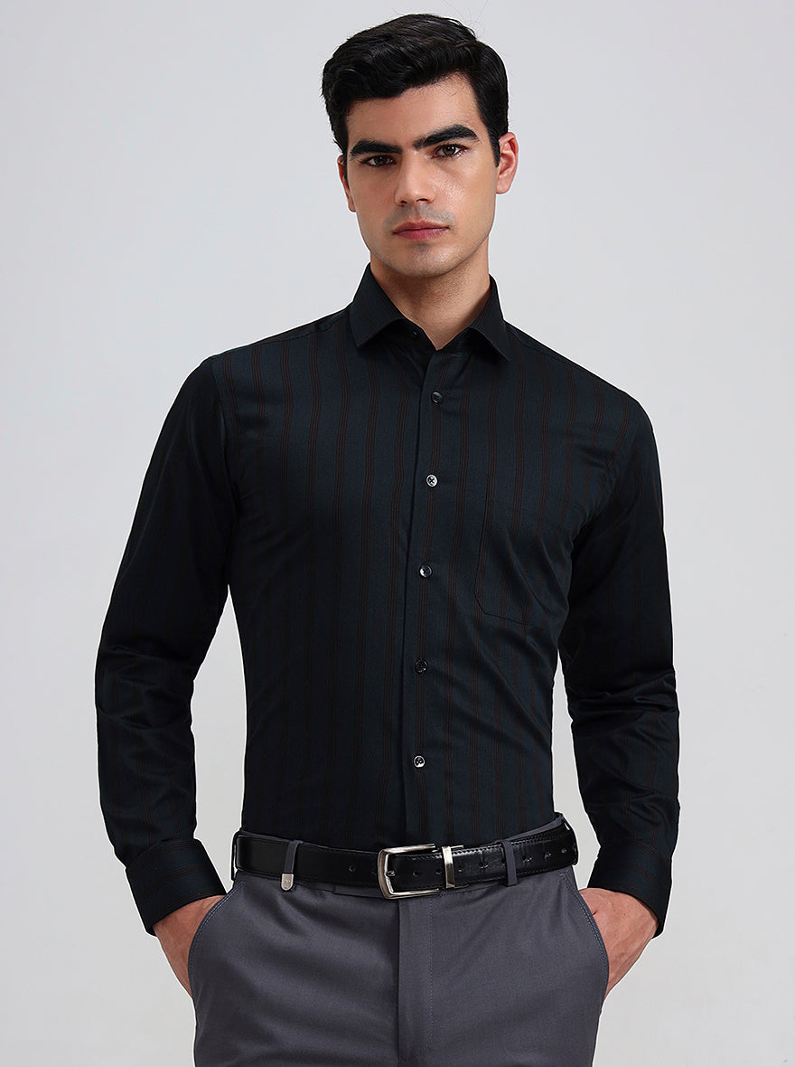 Green & Brown Striped Slim Fit Formal Shirt | Metal