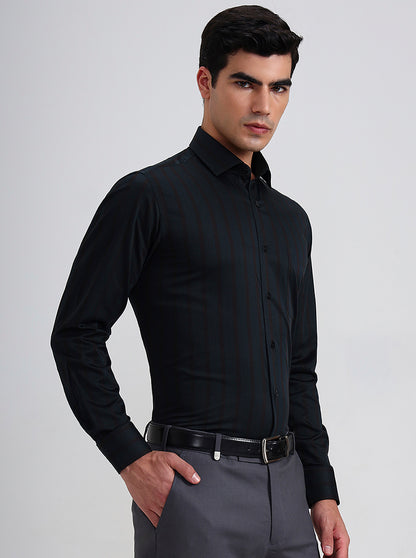 Green & Brown Striped Slim Fit Formal Shirt | Metal