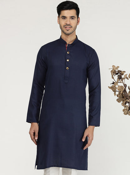 Navy Blue Solid Cotton Silk Blend Kurta | The Kurta Company