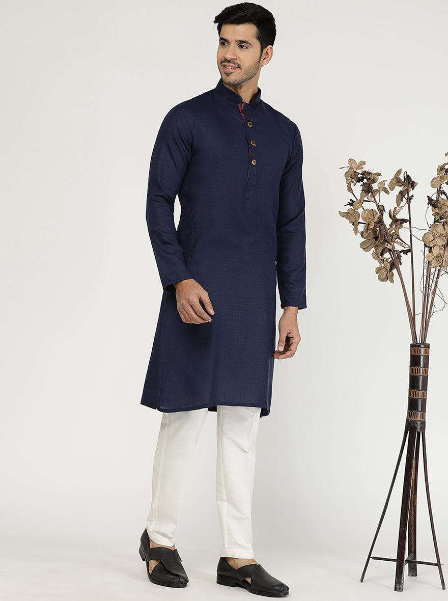 Navy Blue Solid Cotton Silk Blend Kurta | The Kurta Company