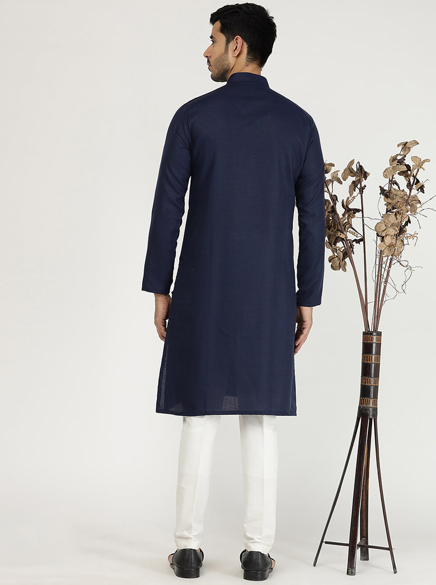Navy Blue Solid Cotton Silk Blend Kurta | The Kurta Company
